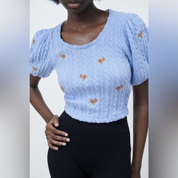 ZARA EMBROIDERED FLORAL CABLE KNIT TOP - Picture 7 of 13
